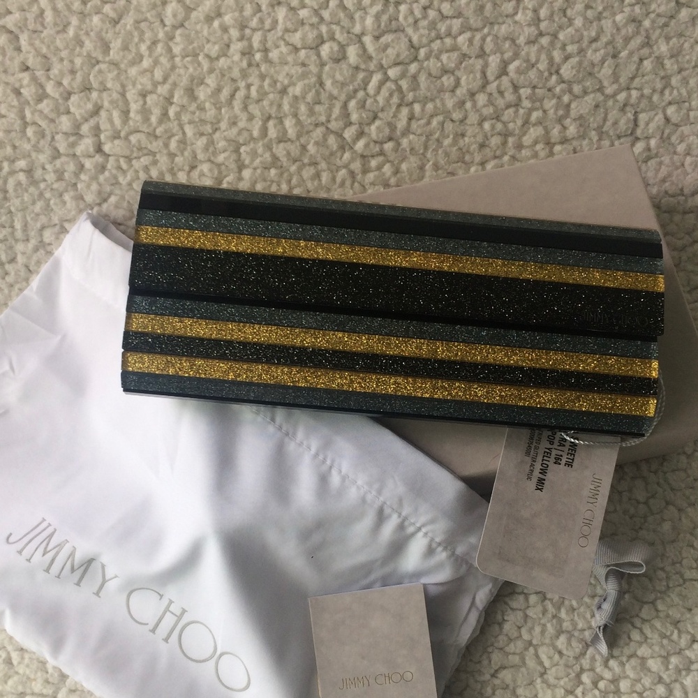 Jimmy Choo Sweetie Black Gold and Silver Acrylic Glitter Clutch